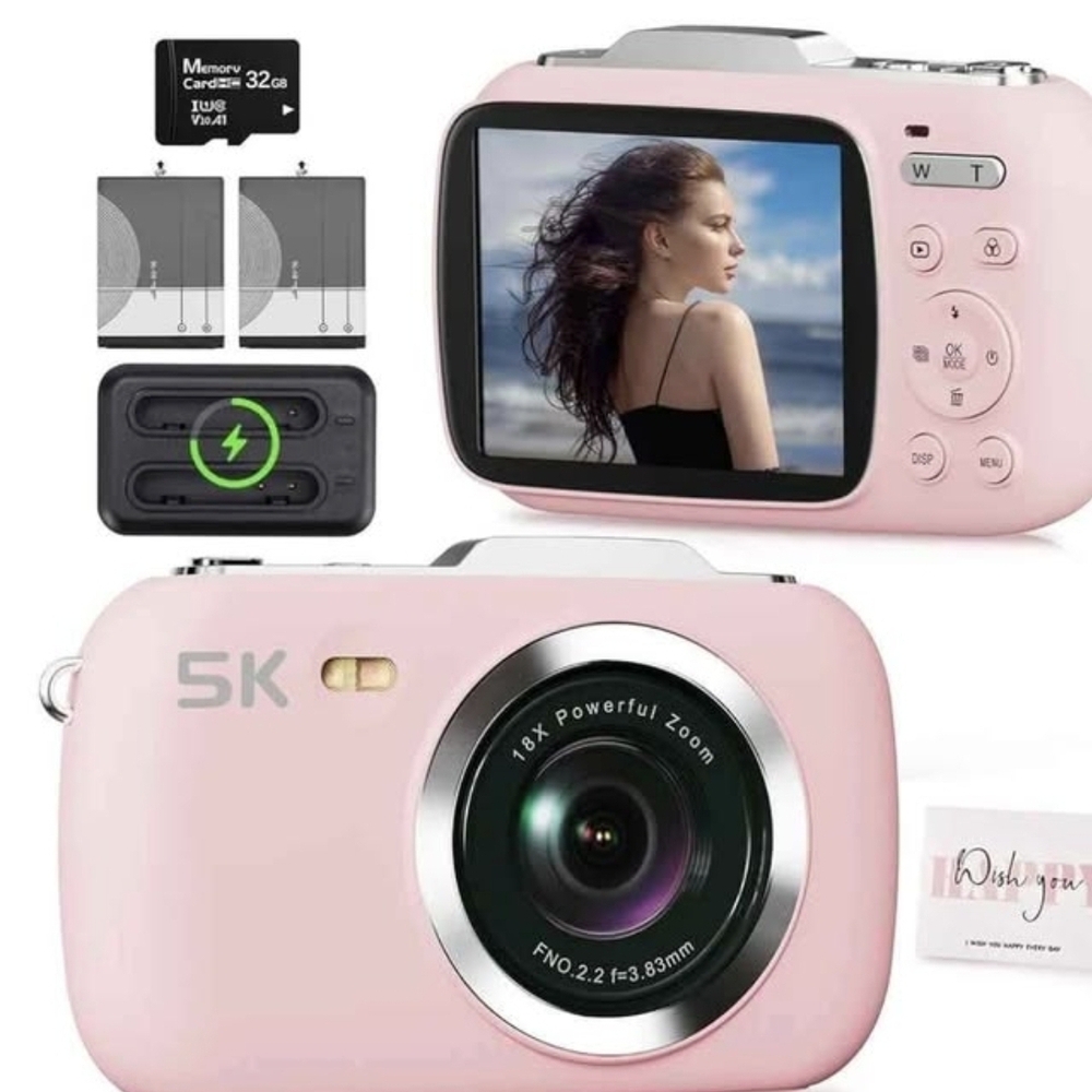 Pink 5K Digital Camera with 18X Zoom